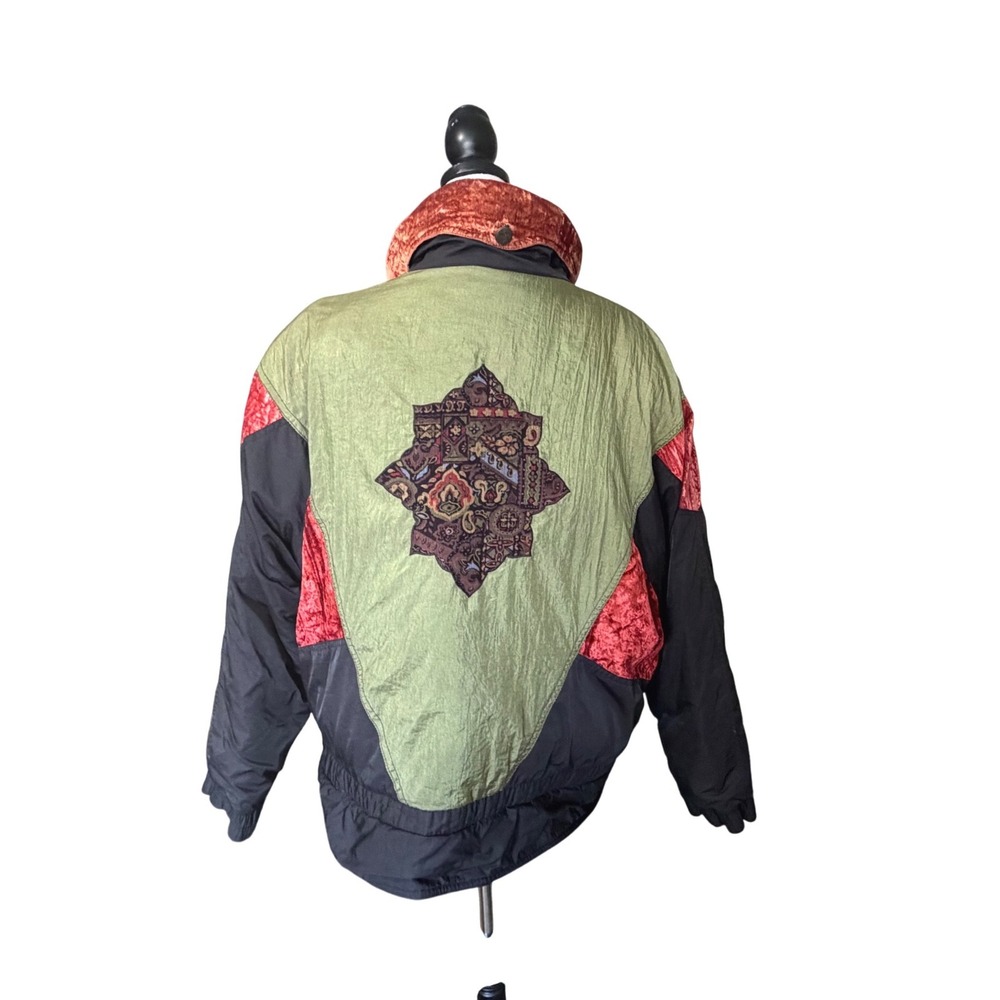 Vintage Winlit Mixed Media Patchwork Velvet Paisley Bomber Jacket Green Red L